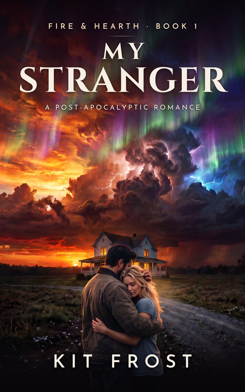 My Stranger, Fire & Hearth Book 1, by Kit Frost: a couple embracing on a dirt road before a farmhouse, under a storm lit by the northern lights